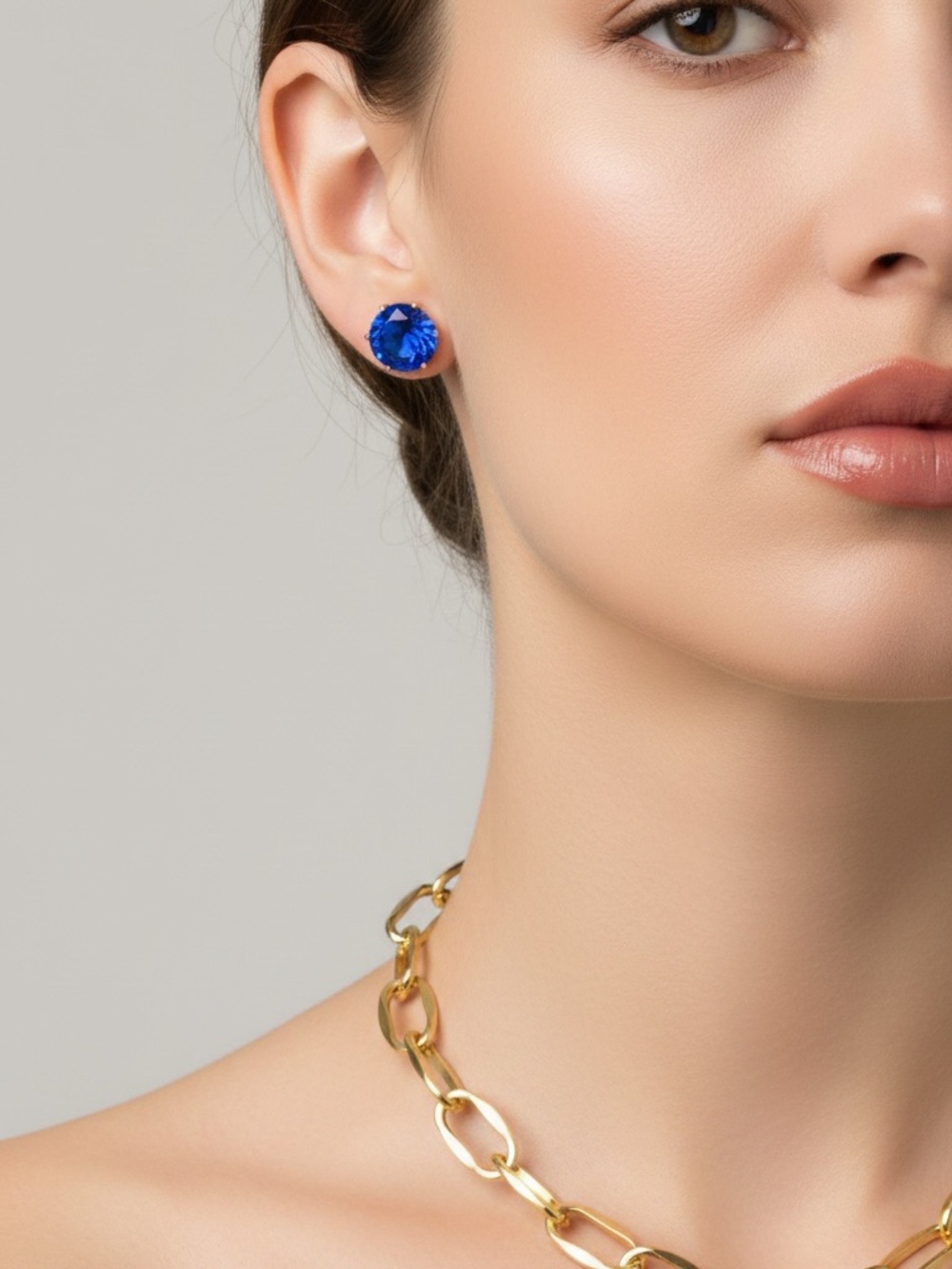 18k Gold-Plated Royal Blue Sapphire CZ Stud Earrings. New.